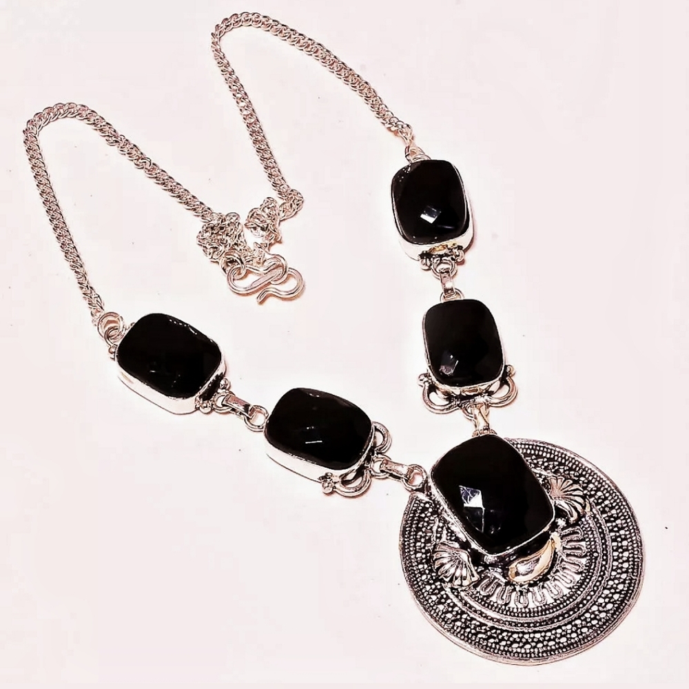 Black Spinel Faceted Gemstone Silver 925 Necklace